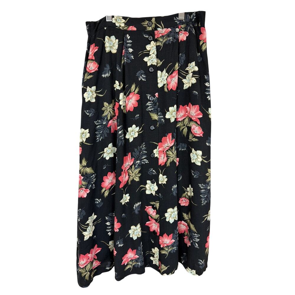 Sag Harbor Petite Vintage Black Floral Midi Skirt Rayon Boho SM MED